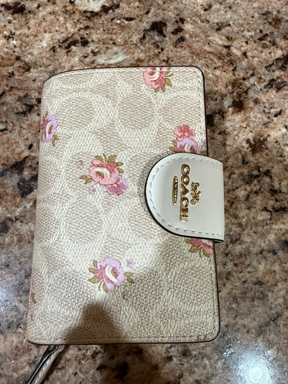 Coach Cream Floral Signature Wristlet Wallet with Pink Roses